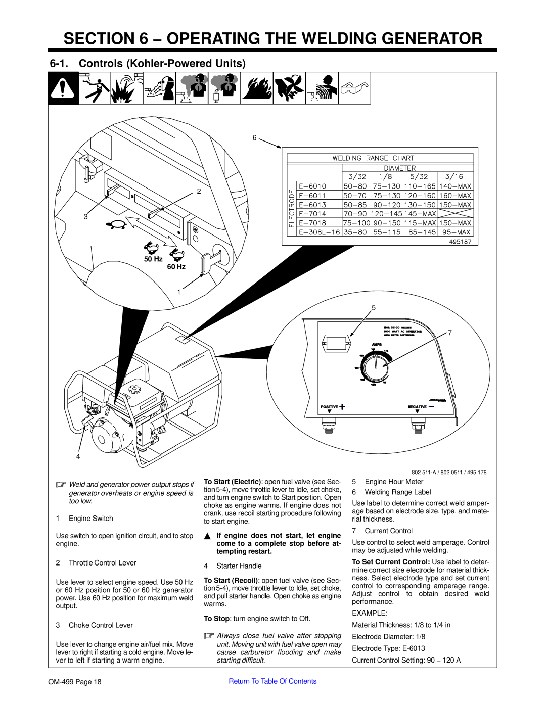 Miller Electric 6000 manual Operating the Welding Generator, Controls Kohler-Powered Units, 50 Hz 60 Hz 