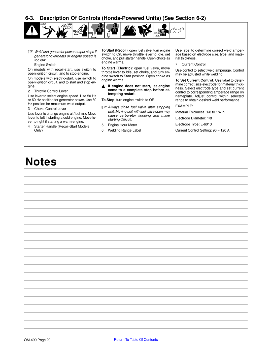 Miller Electric 6000 manual Description Of Controls Honda-Powered Units See Section 