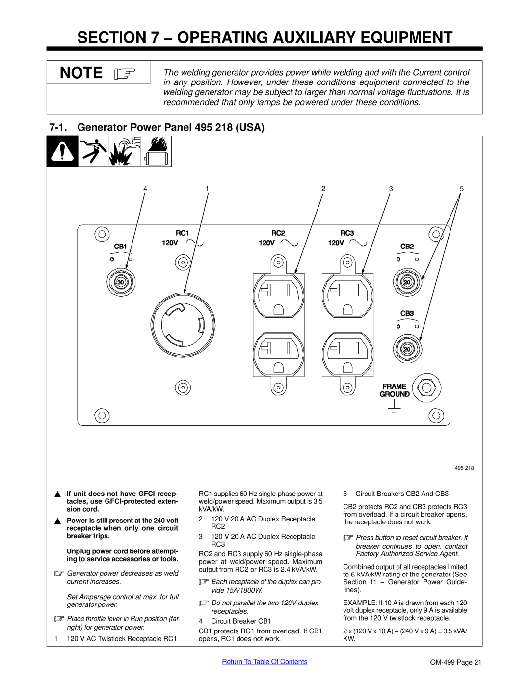 Miller Electric 6000 manual Operating Auxiliary Equipment, Generator Power Panel 495 218 USA 