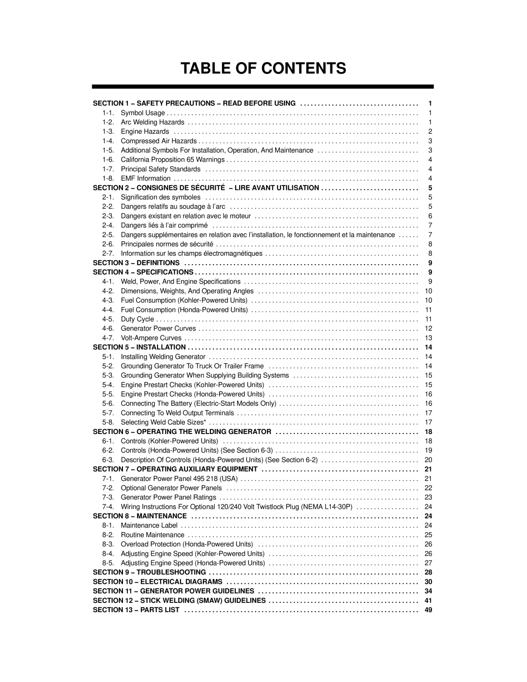 Miller Electric 6000 manual Table of Contents 