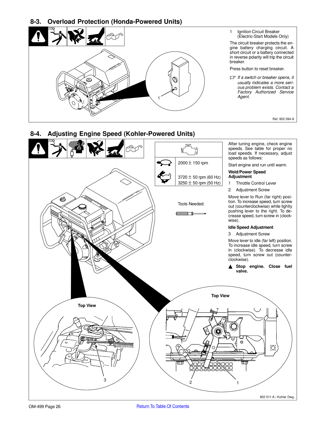 Miller Electric 6000 manual Overload Protection Honda-Powered Units, Adjusting Engine Speed Kohler-Powered Units 