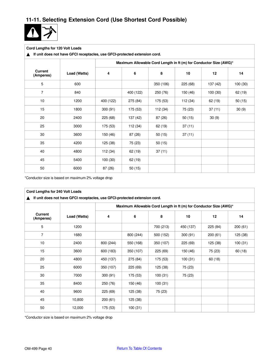 Miller Electric 6000 manual Selecting Extension Cord Use Shortest Cord Possible, Current Load Watts Amperes 