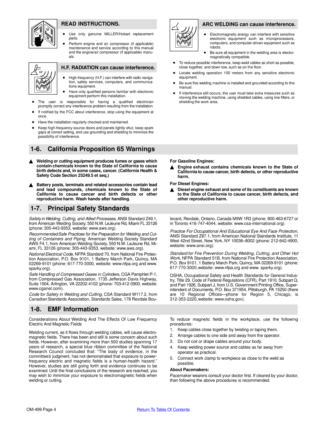 Miller Electric 6000 manual California Proposition 65 Warnings, Principal Safety Standards, EMF Information 