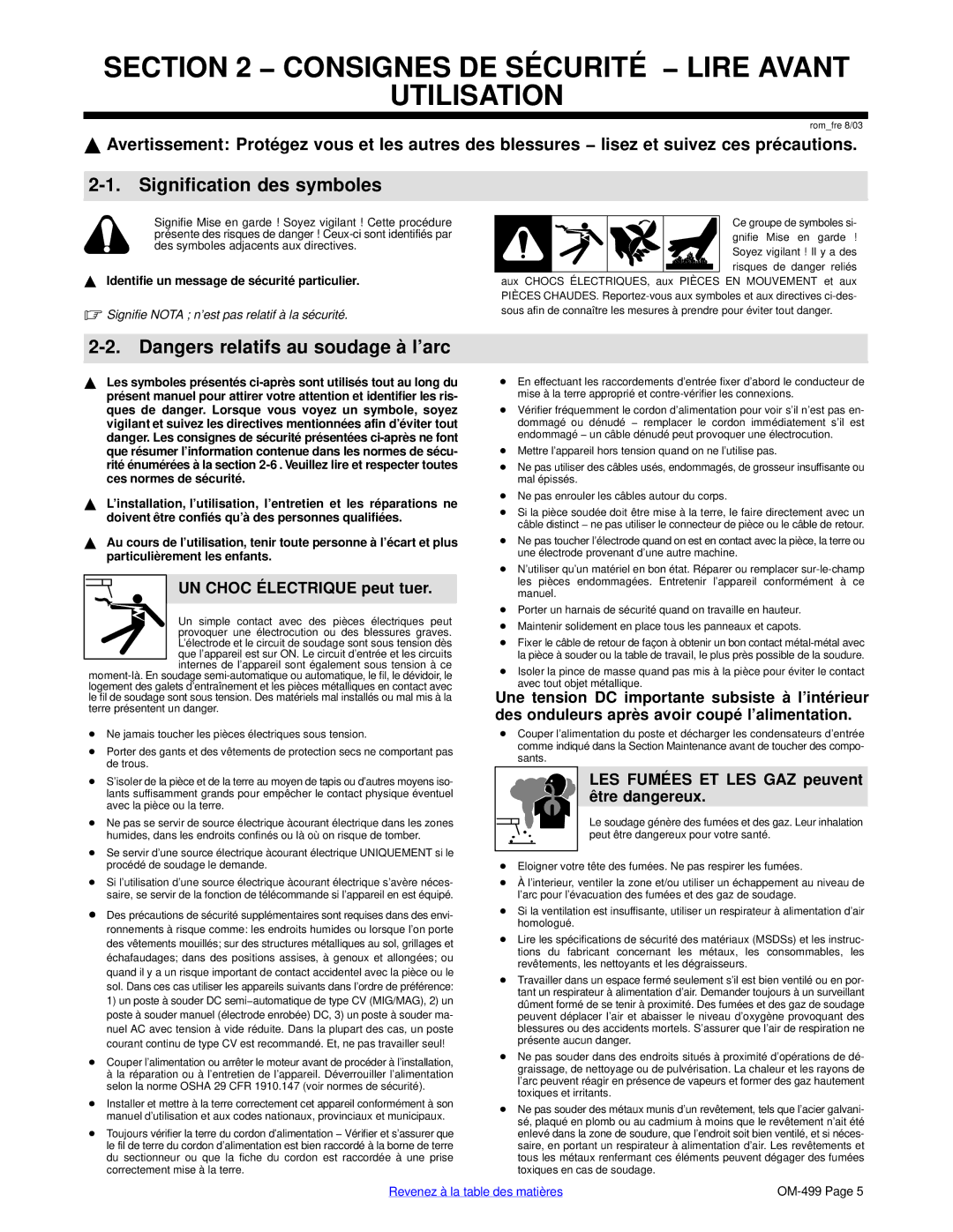 Miller Electric 6000 manual Consignes DE Sécurité − Lire Avant Utilisation, Signification des symboles 