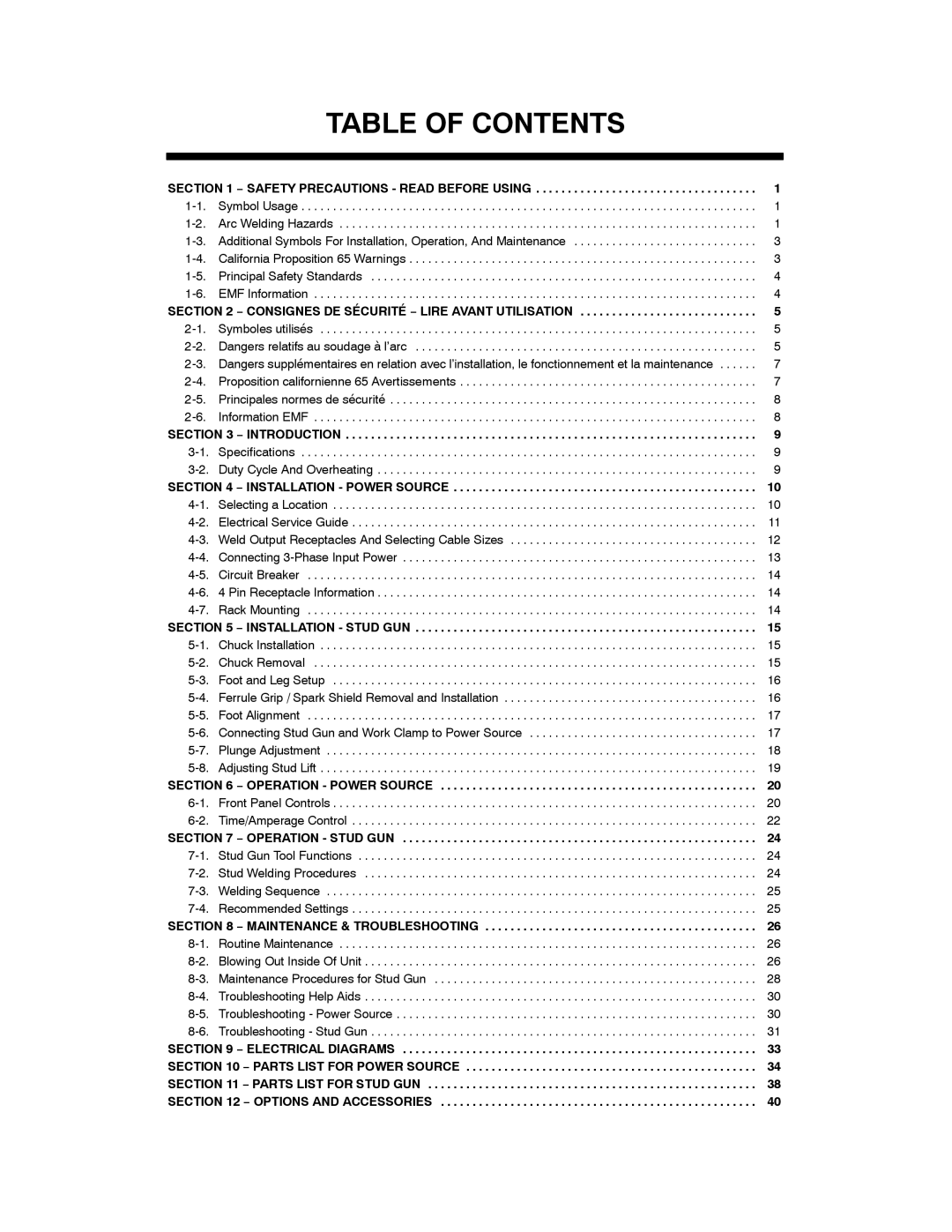 Miller Electric 625 manual Table of Contents 