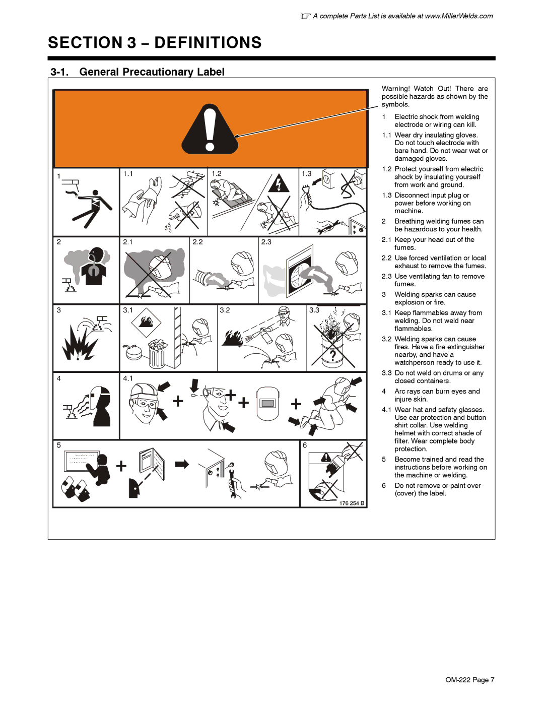 Miller Electric 602, 652 (60 Hz), 402, 302, 452, 852 (50 Hz) manual Definitions, General Precautionary Label 