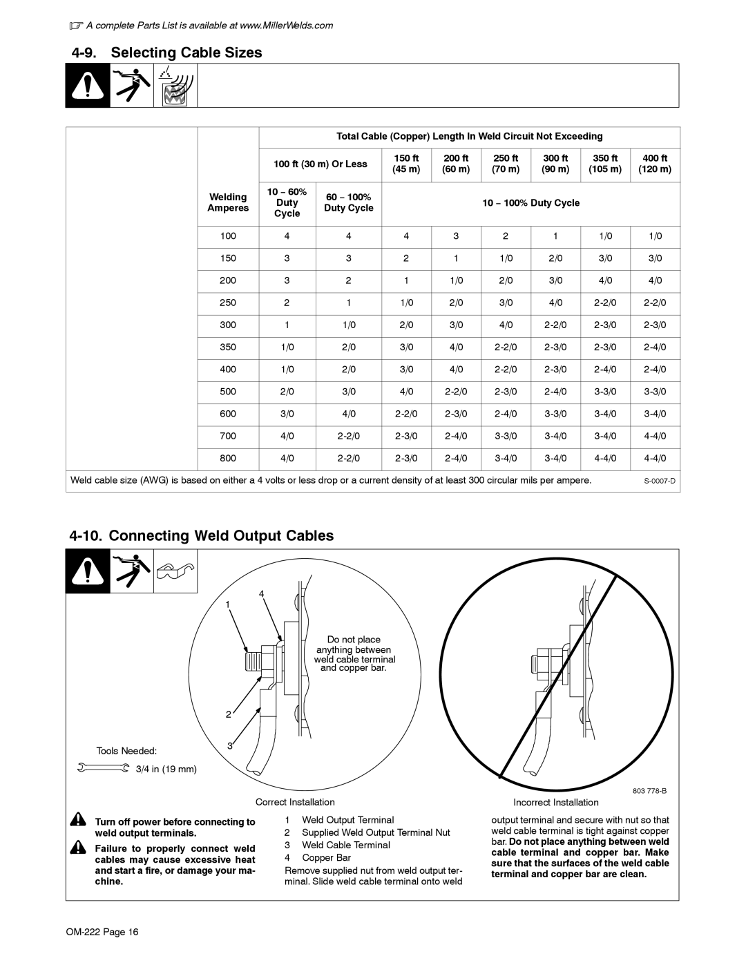 Miller Electric 652 (60 Hz), 402, 302, 602, 452, 852 (50 Hz) manual Selecting Cable Sizes, Connecting Weld Output Cables 