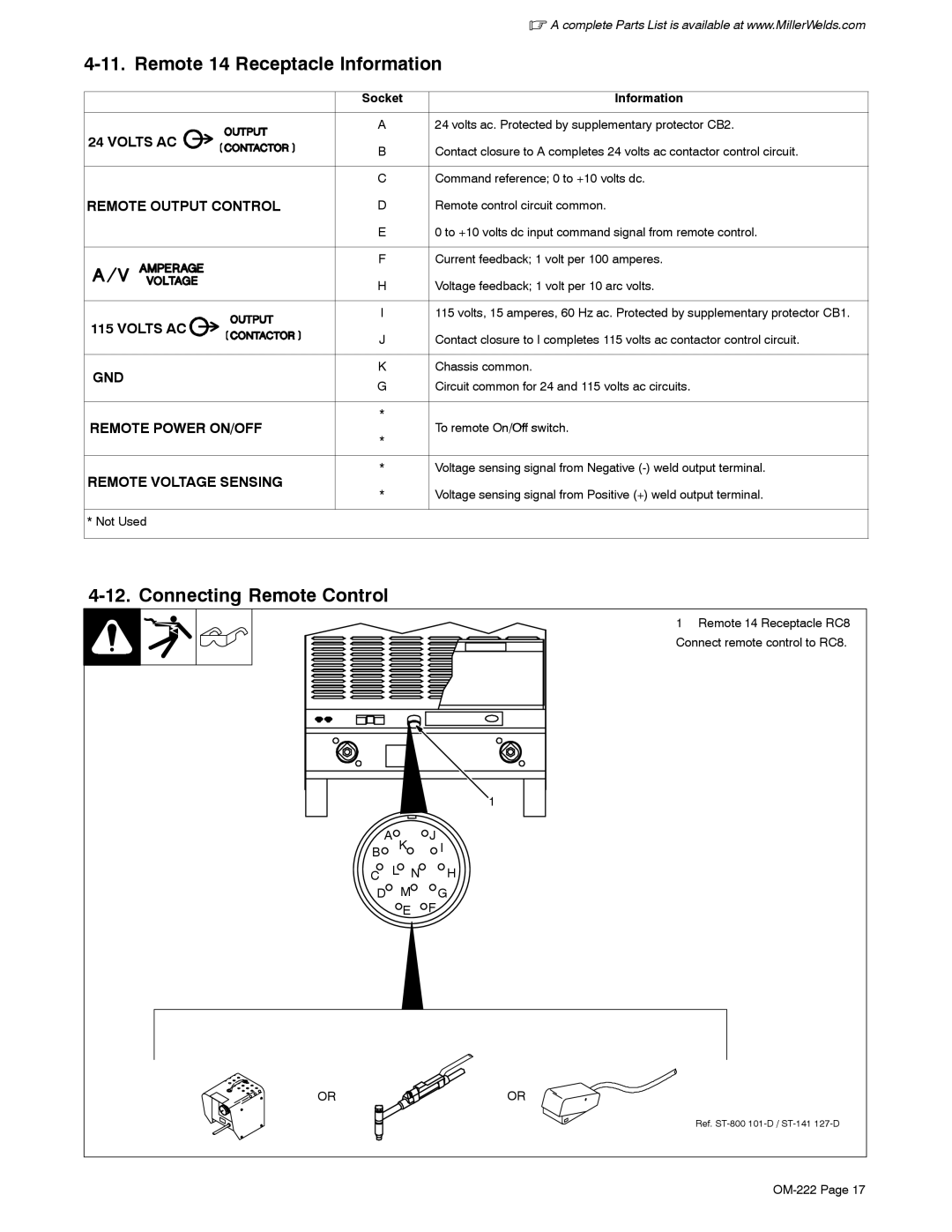 Miller Electric 402, 652 (60 Hz) Remote 14 Receptacle Information, Connecting Remote Control, To remote On/O ff sw itch 