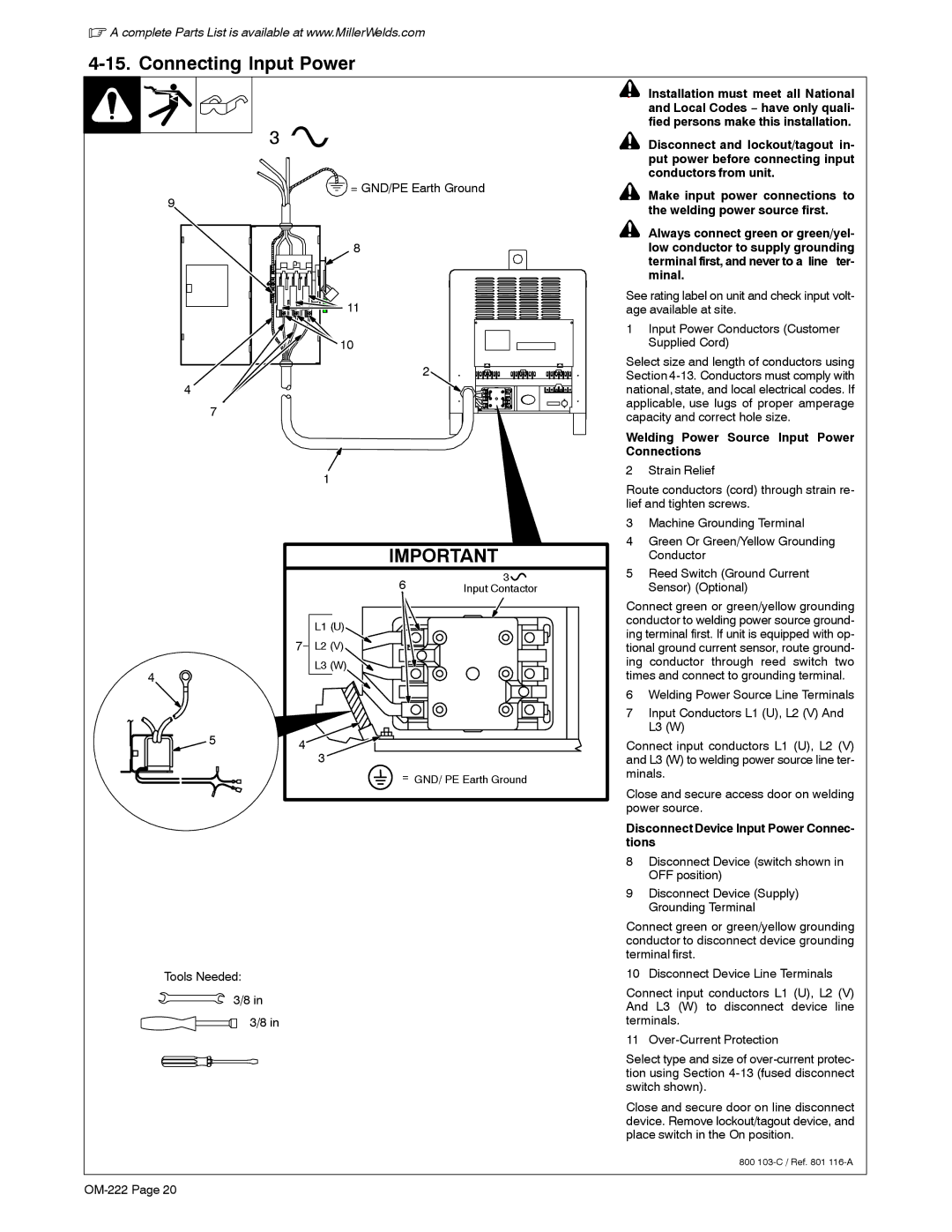 Miller Electric 452, 652 (60 Hz), 402, 302, 602, 852 (50 Hz) Connecting Input Power, = GND/PE Earth Ground, Tools Needed 3/8 