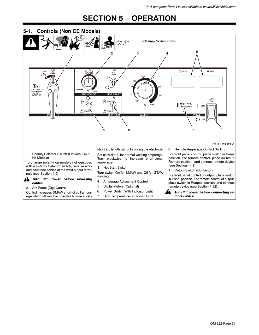 Miller Electric 852 (50 Hz), 652 (60 Hz), 402, 302 Operation, Controls Non CE Models, Turn Off Power before reversing cables 