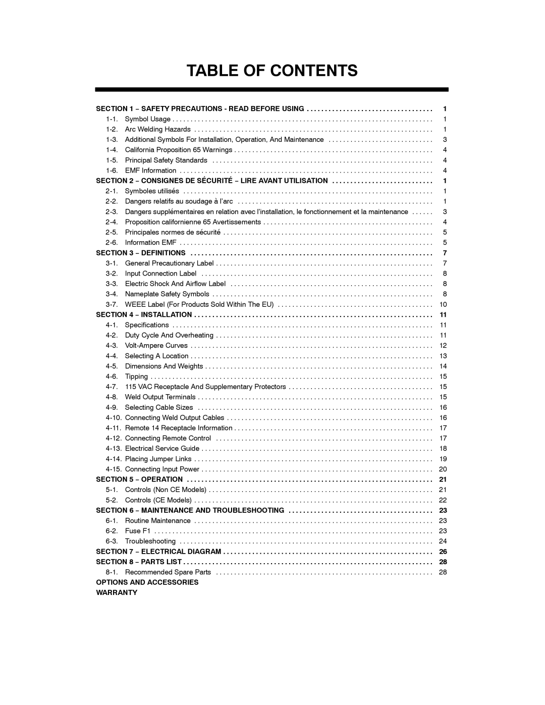 Miller Electric 602, 652 (60 Hz), 402, 302, 452, 852 (50 Hz) manual Table of Contents 