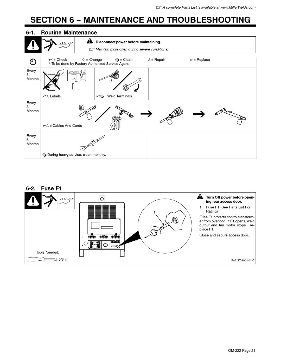 Miller Electric 402 Maintenance and Troubleshooting, Routine Maintenance, Fuse F1, Disconnect power before maintaining 