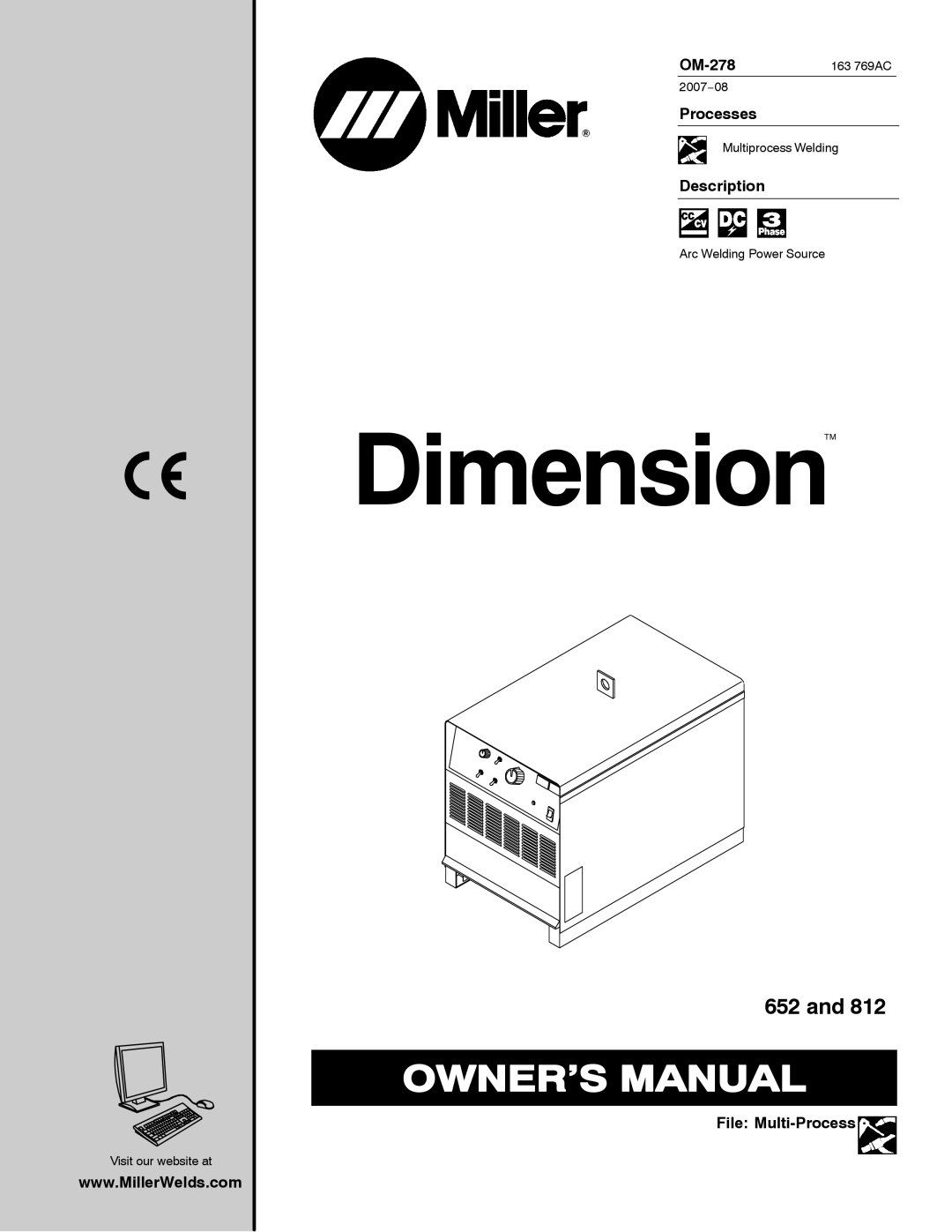 Miller Electric 812, 652 manual Processes, Description, File Multi-Process 