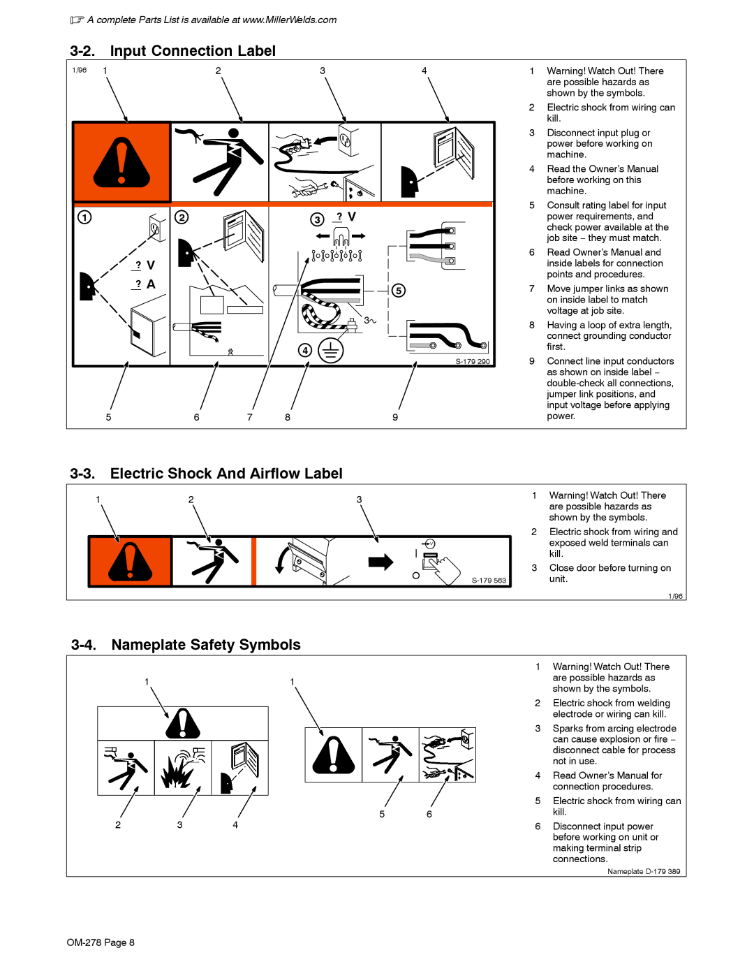 Miller Electric 652, 812 manual Input Connection Label, Electric Shock And Airflow Label, Nameplate Safety Symbols, ? a 