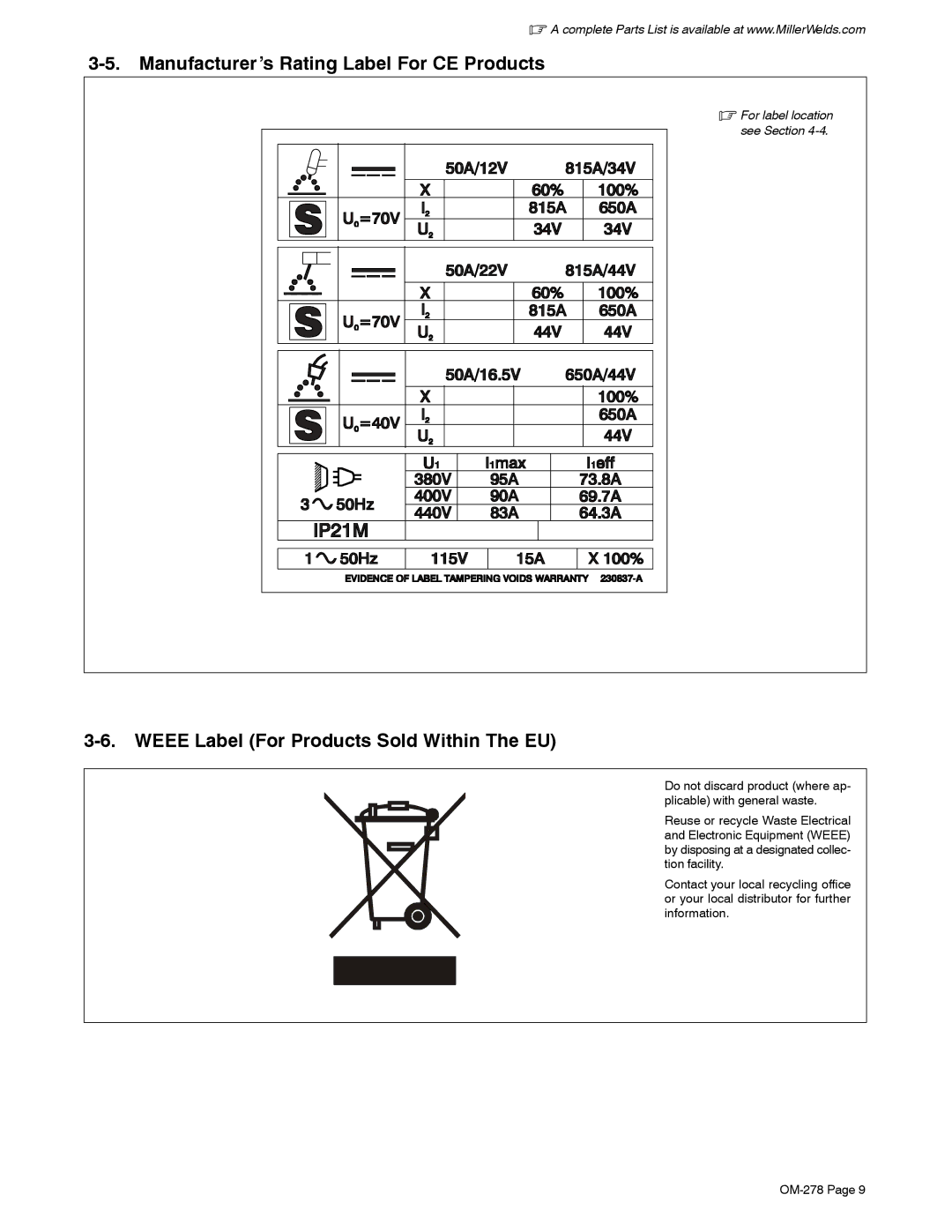 Miller Electric 812, 652 manual Manufacturer’s Rating Label For CE Products, Weee Label For Products Sold Within The EU 