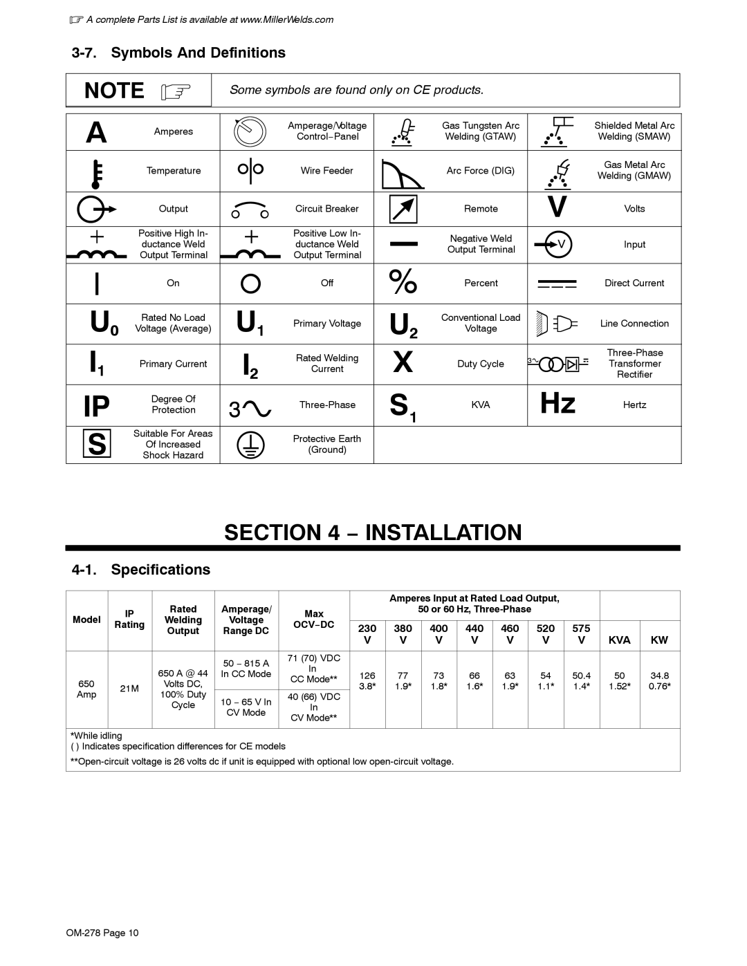 Miller Electric 652, 812 manual Installation, Symbols And Definitions, Specifications 