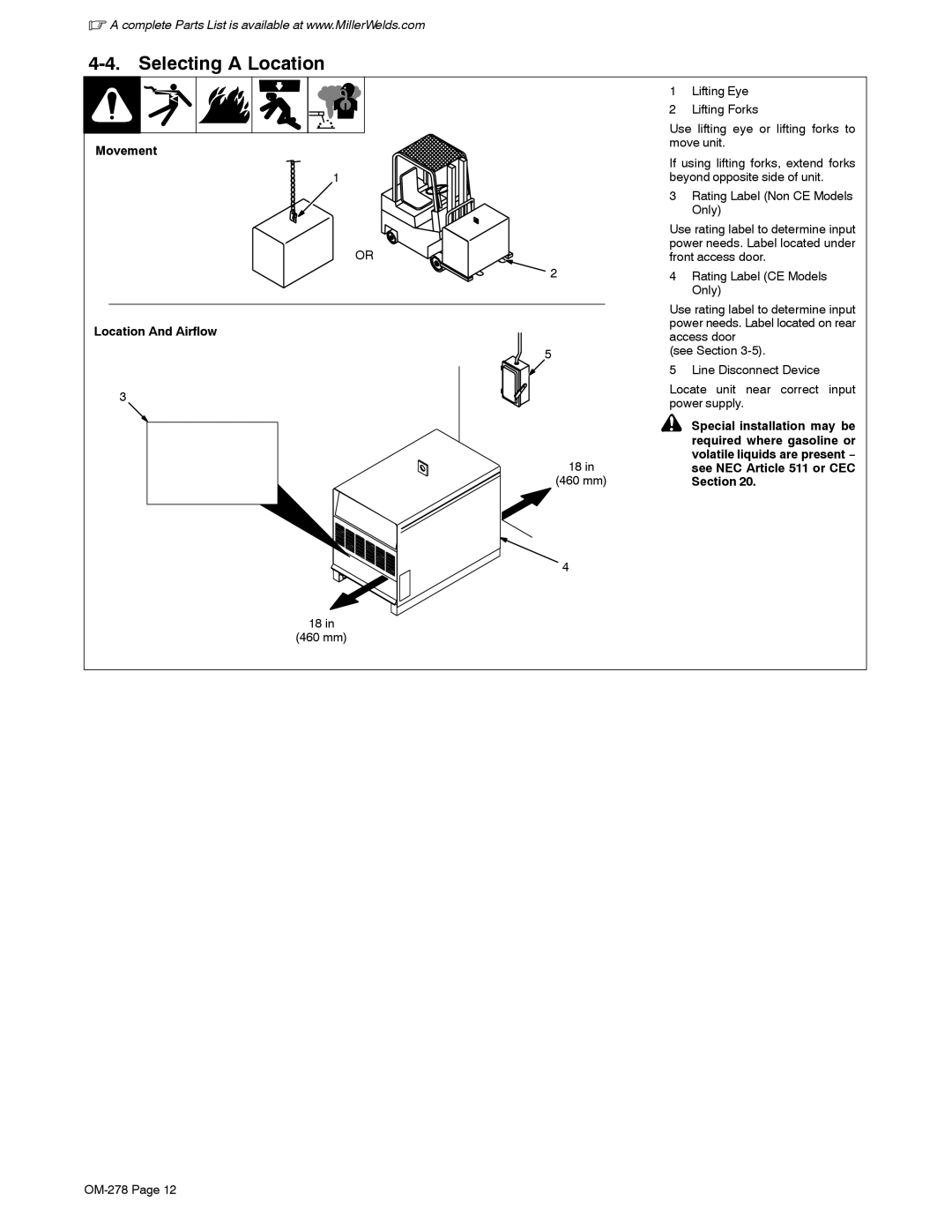 Miller Electric 652, 812 manual Selecting a Location, Movement Location And Airflow, mm OM-278 