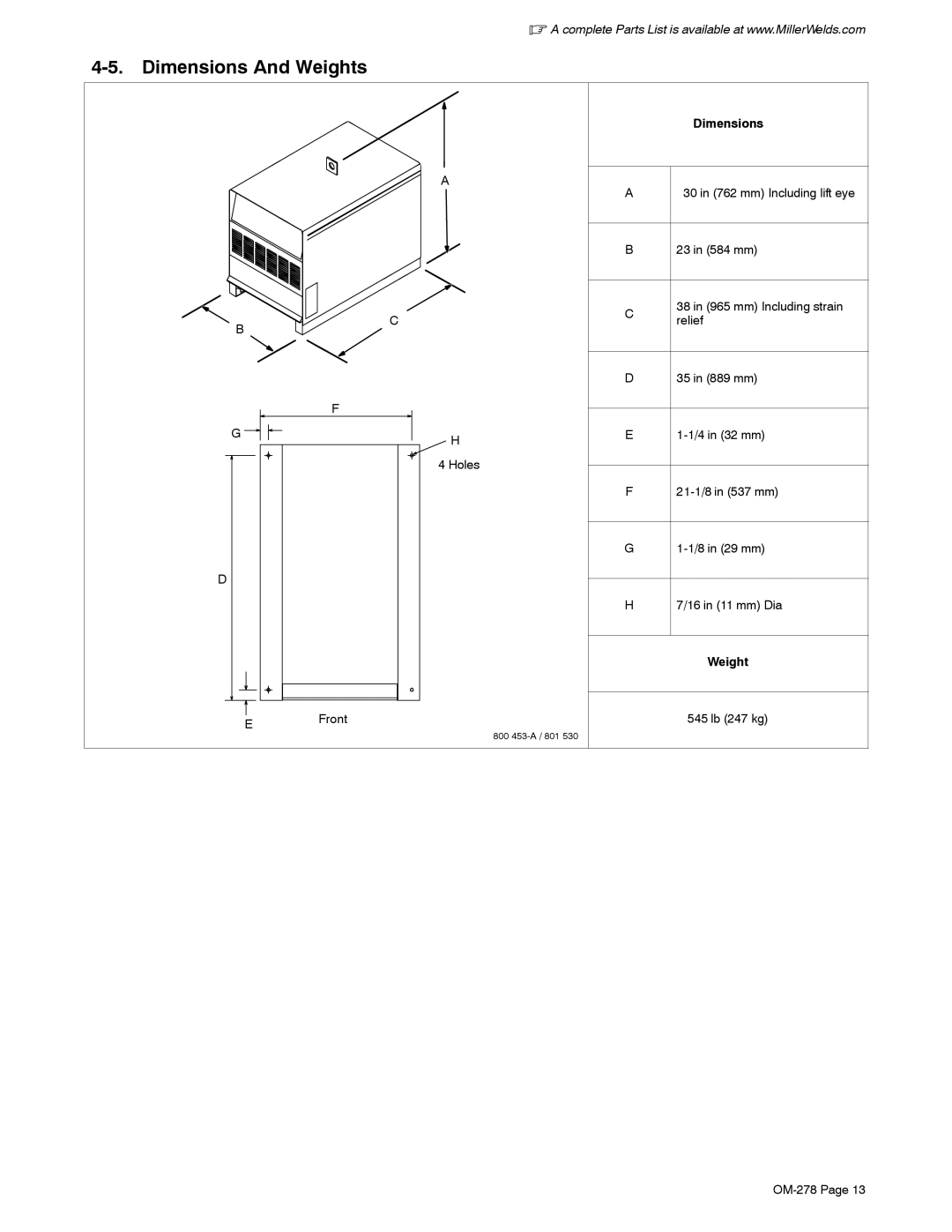 Miller Electric 812, 652 manual Dimensions And Weights, Holes Front, 545 lb 247 kg OM-278 