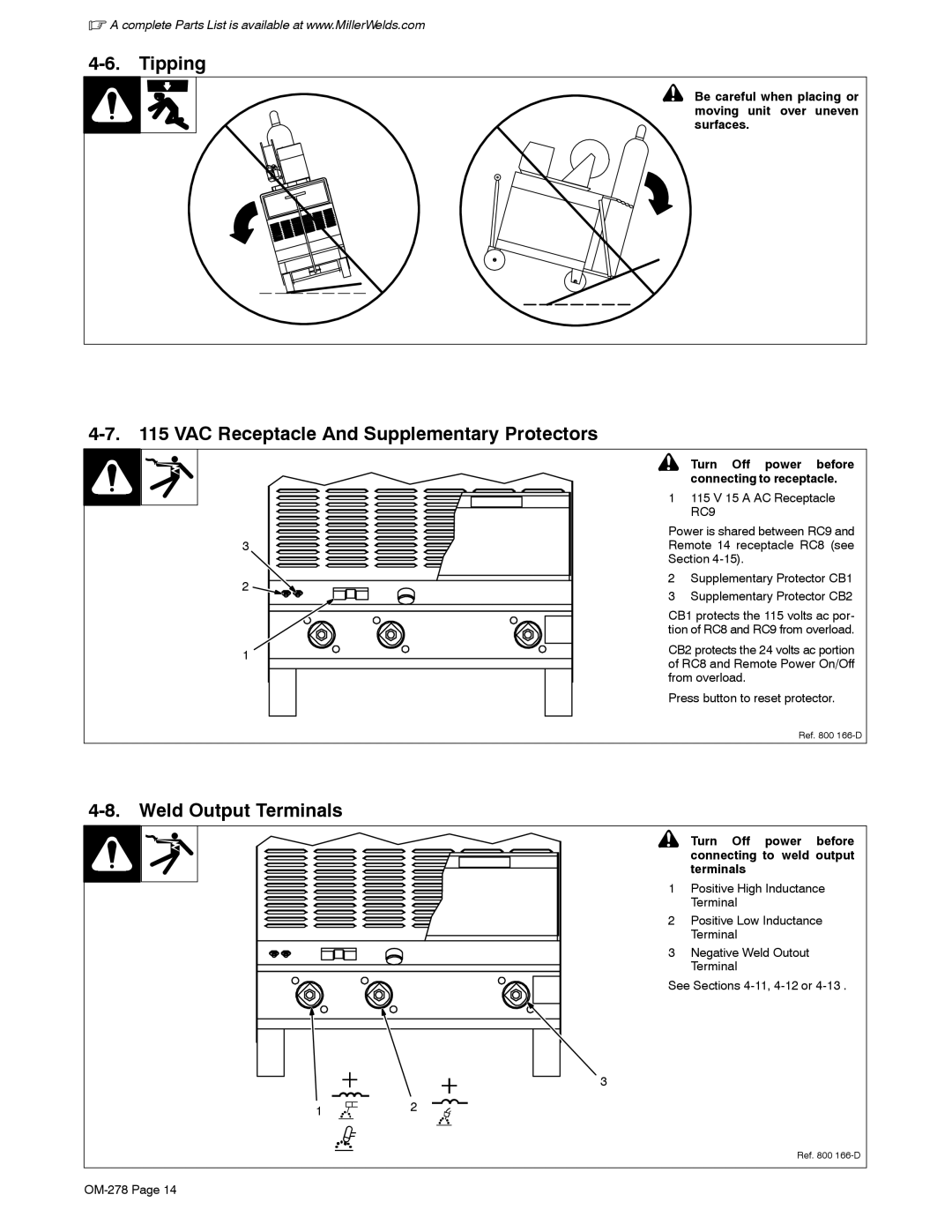 Miller Electric 652, 812 manual Tipping, VAC Receptacle And Supplementary Protectors, Weld Output Terminals 