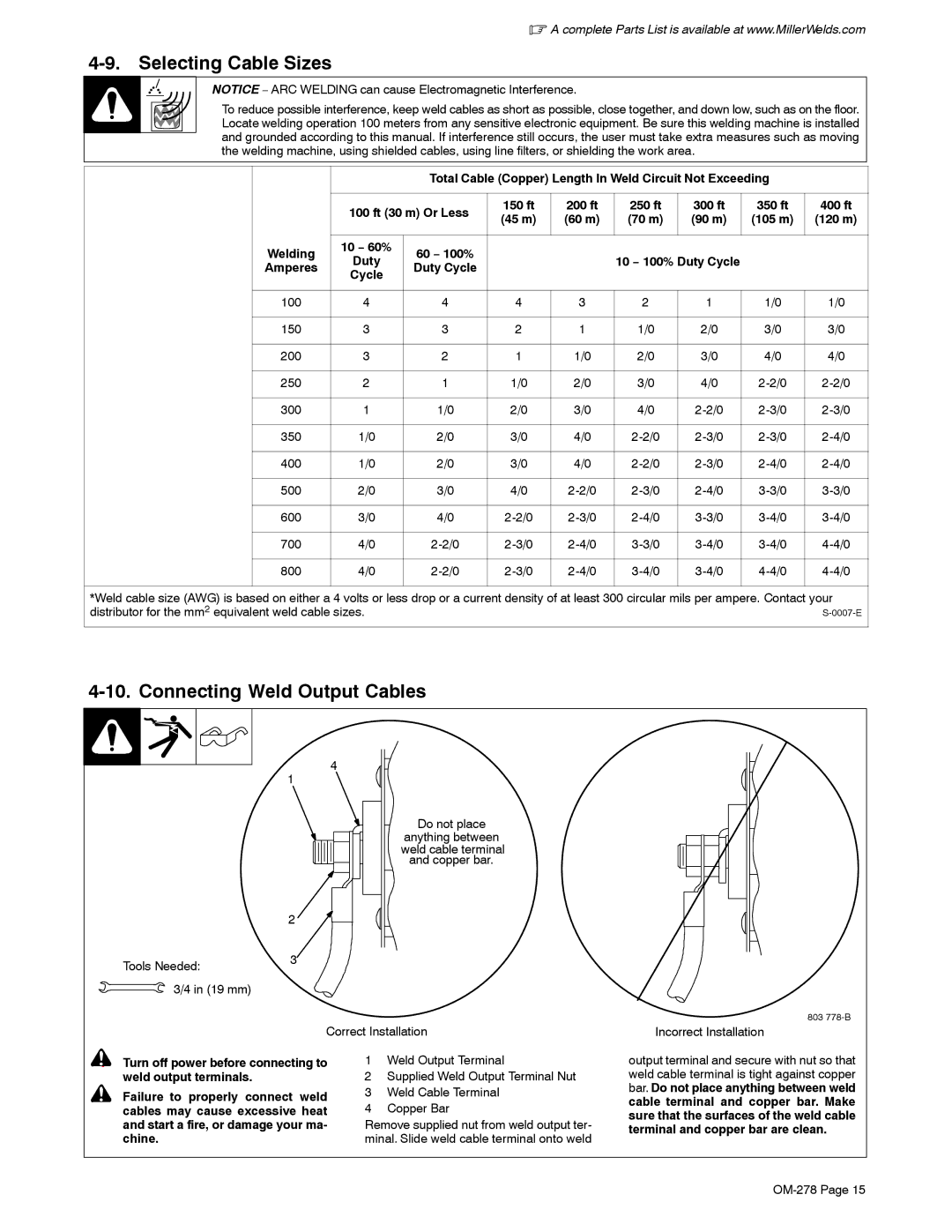 Miller Electric 812, 652 manual Selecting Cable Sizes, Connecting Weld Output Cables 