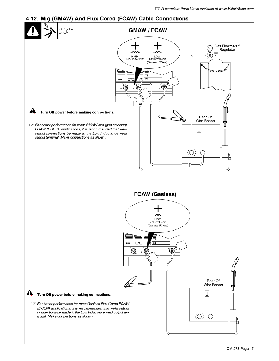 Miller Electric 812 Mig Gmaw And Flux Cored Fcaw Cable Connections, Fcaw Gasless, Turn Off power before making connections 