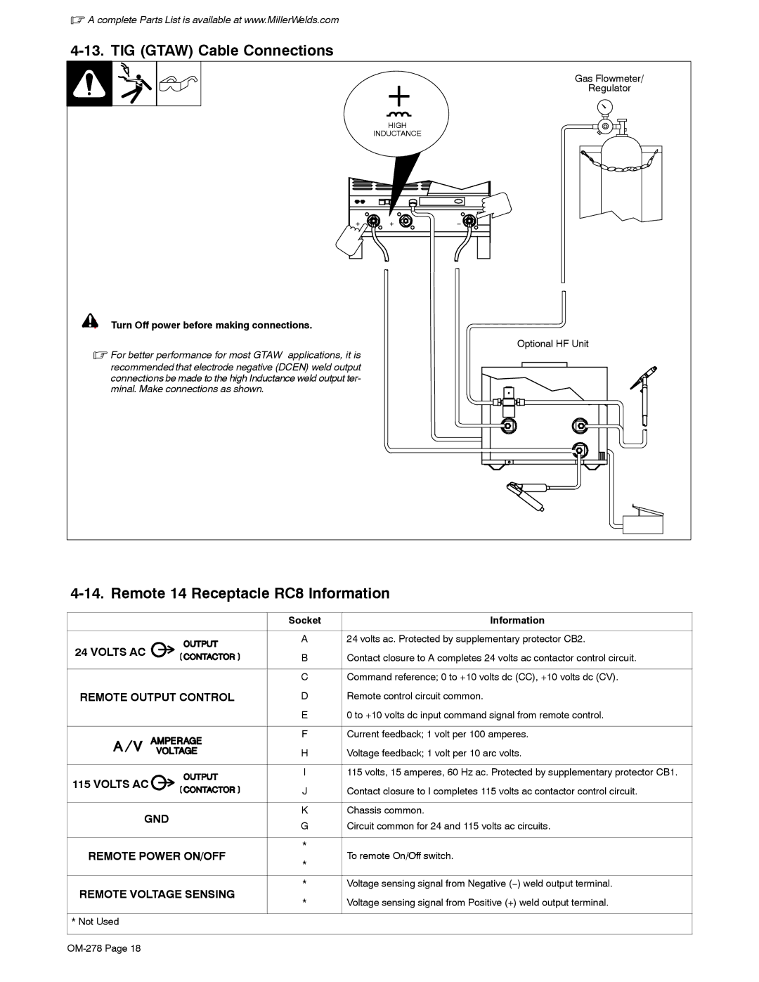 Miller Electric 652, 812 manual TIG Gtaw Cable Connections, Remote 14 Receptacle RC8 Information, To remote On/Off switch 