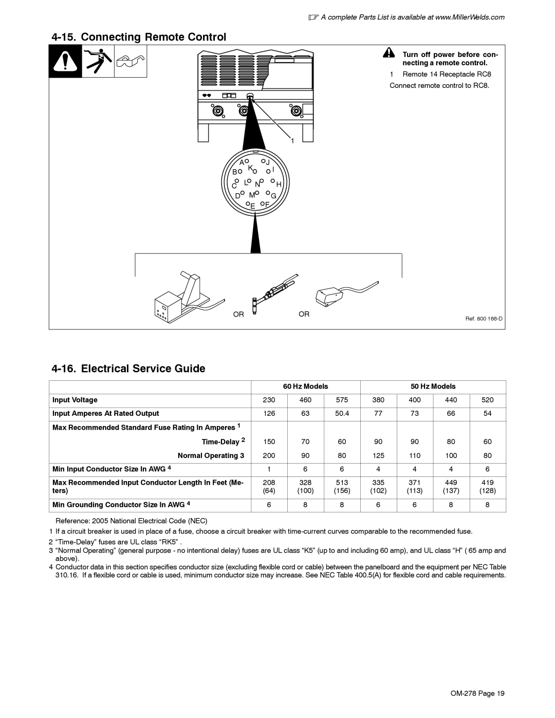 Miller Electric 812, 652 manual Connecting Remote Control, Electrical Service Guide 