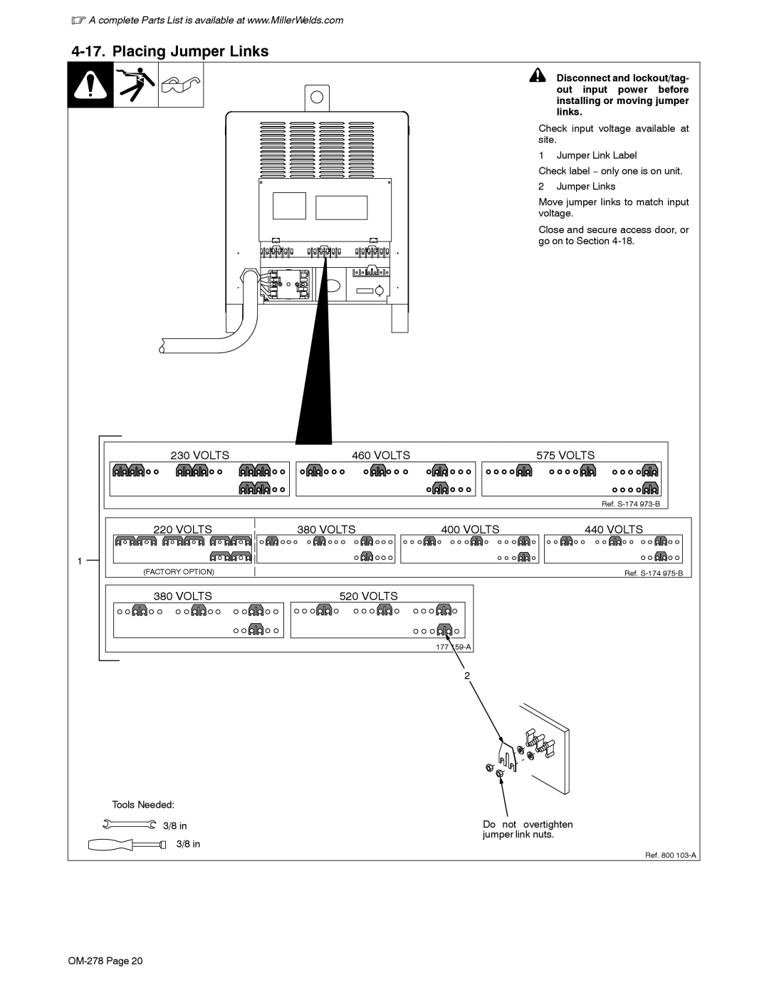 Miller Electric 652, 812 manual Placing Jumper Links, Tools Needed Do not overtighten Jumper link nuts 