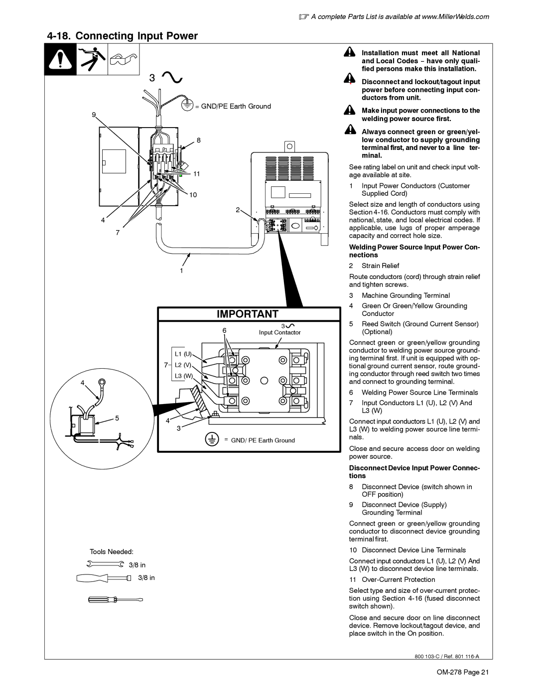 Miller Electric 812, 652 Connecting Input Power, = GND/PE Earth Ground, Welding Power Source Input Power Con- nections 