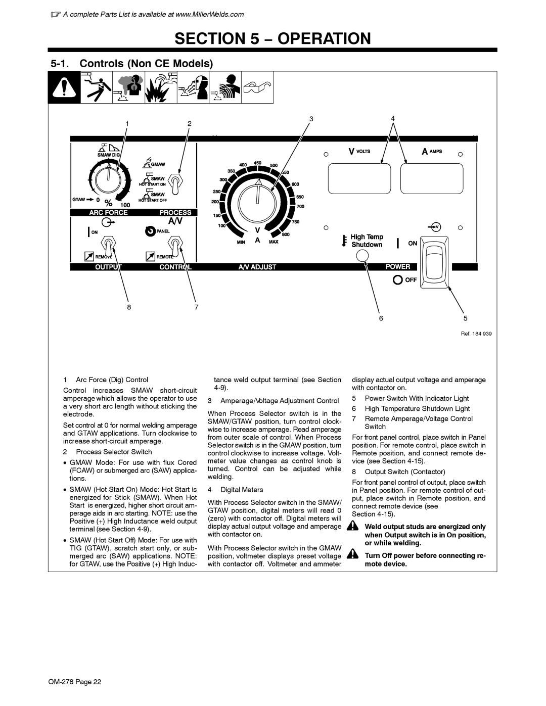 Miller Electric 652, 812 manual Operation, Controls Non CE Models 