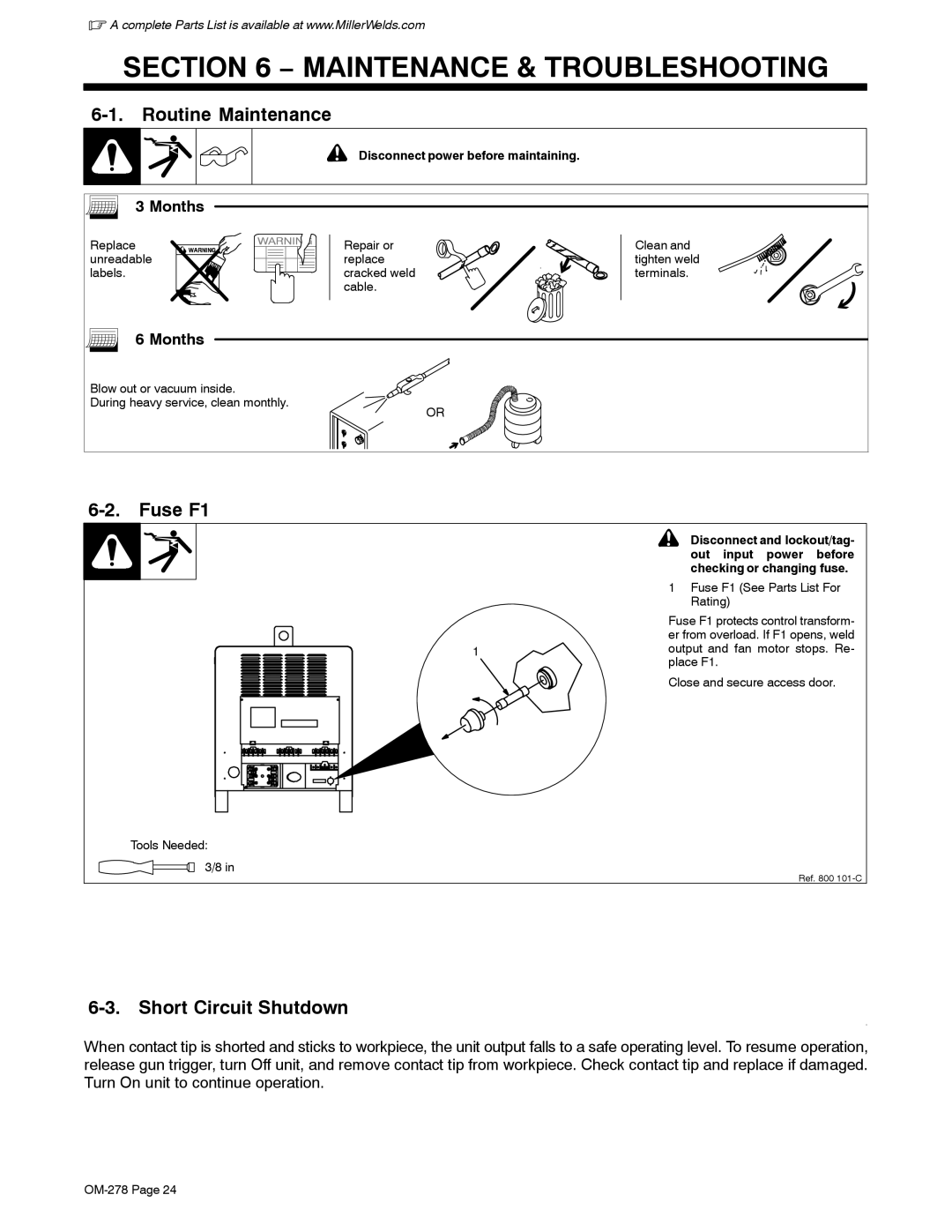 Miller Electric 652, 812 manual Maintenance & Troubleshooting, Routine Maintenance, Fuse F1, Short Circuit Shutdown, Months 