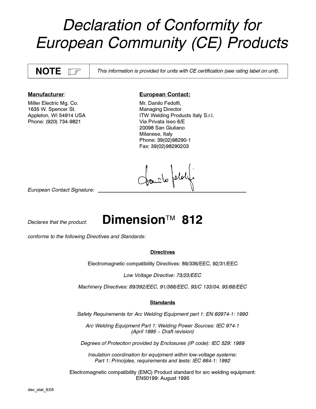 Miller Electric 652, 812 manual Directives, Standards, Decstat6/05 