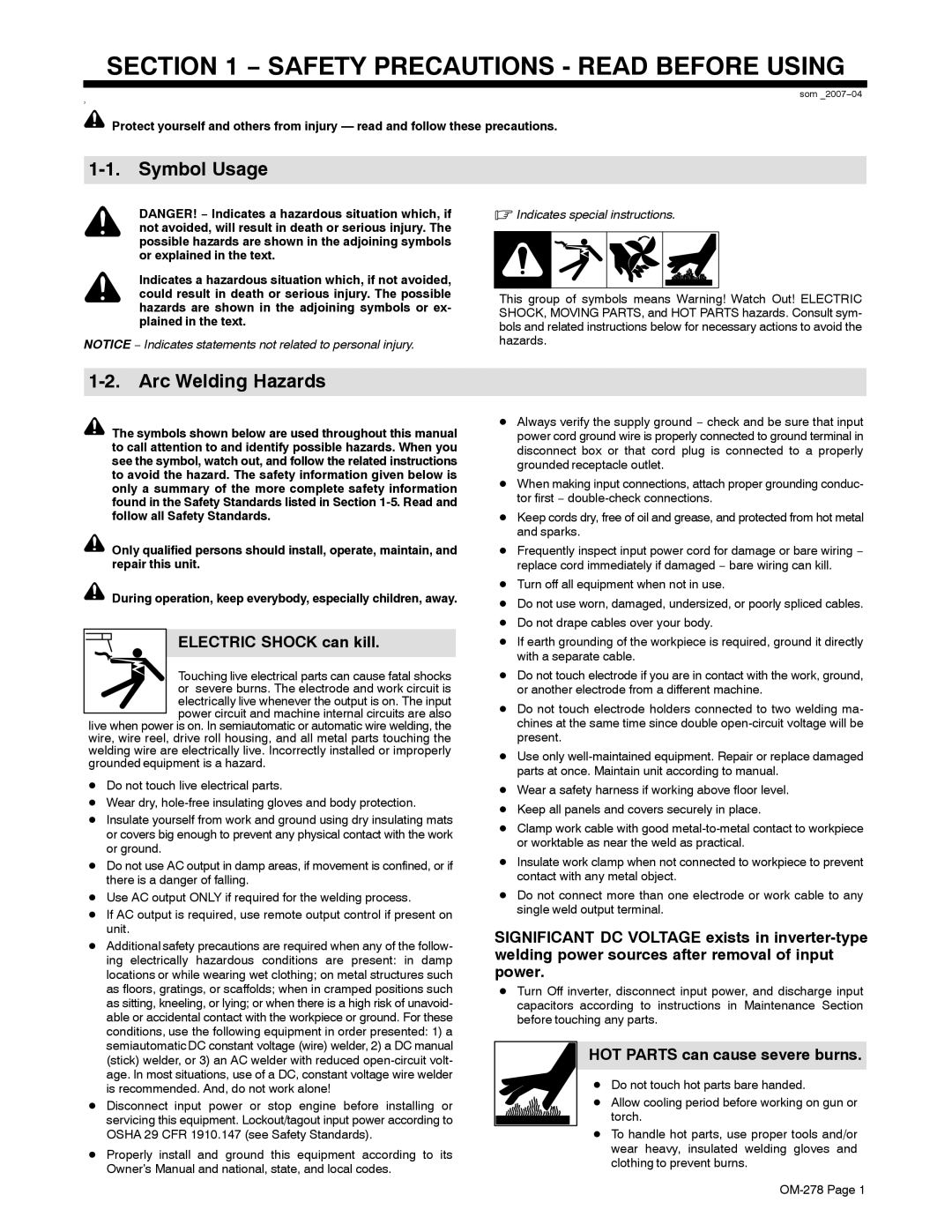 Miller Electric 812, 652 manual Symbol Usage, Arc Welding Hazards, Electric Shock can kill, HOT Parts can cause severe burns 