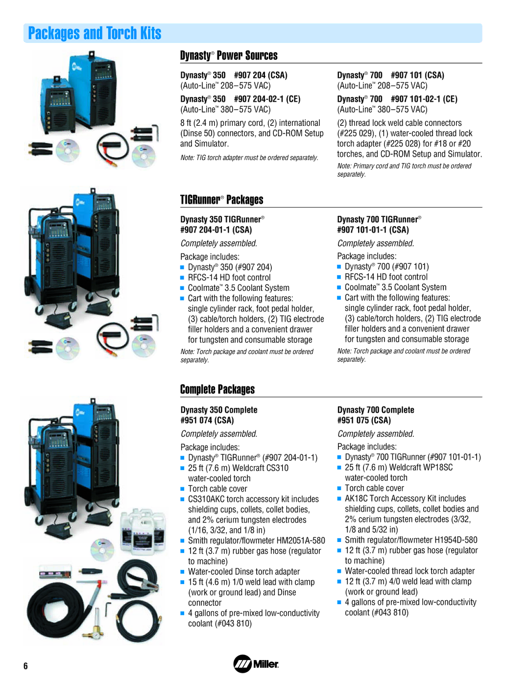 Miller Electric 700 manual Packages and Torch Kits, Dynasty Power Sources, TIGRunner Packages, Complete Packages 