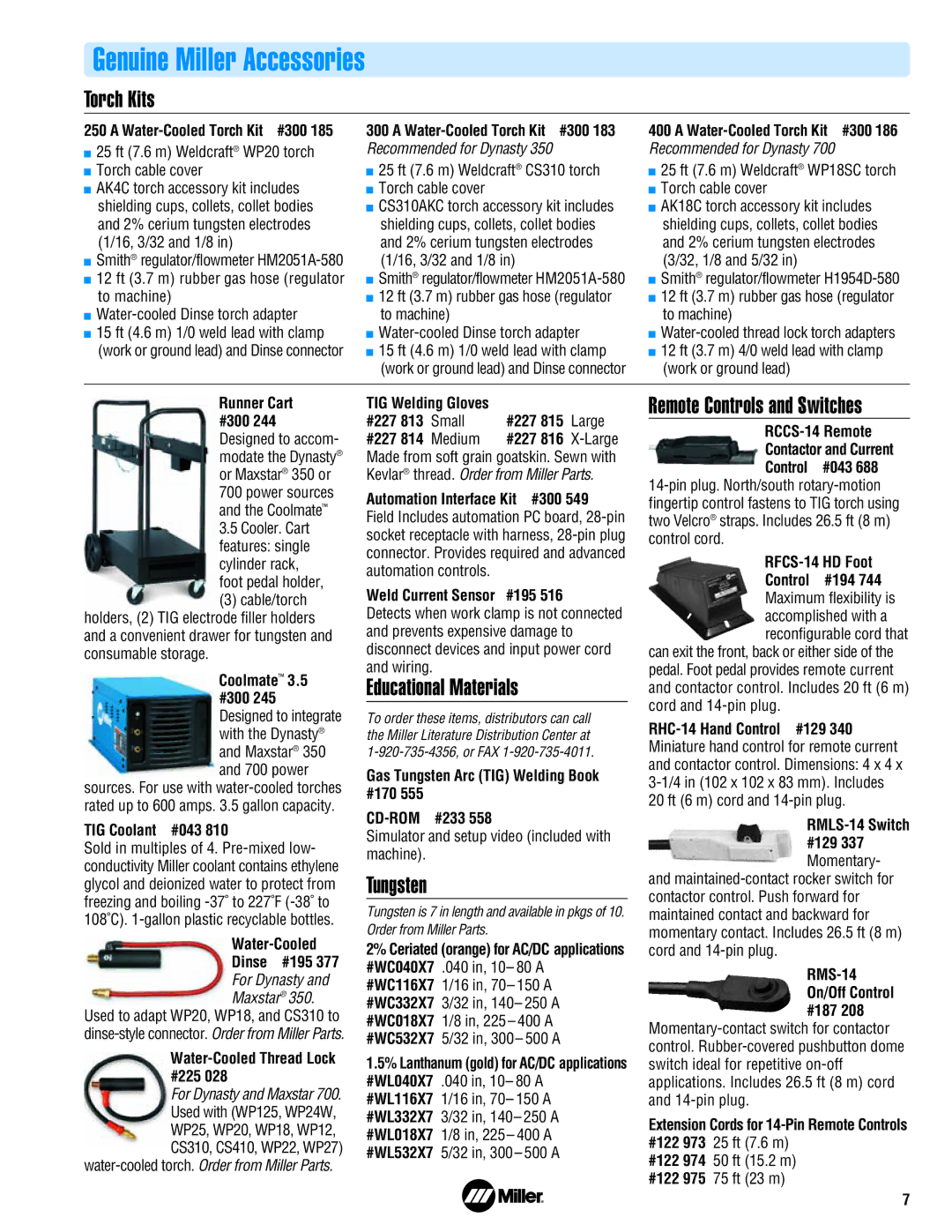 Miller Electric 700 manual Genuine Miller Accessories, Torch Kits, Educational Materials, Tungsten 