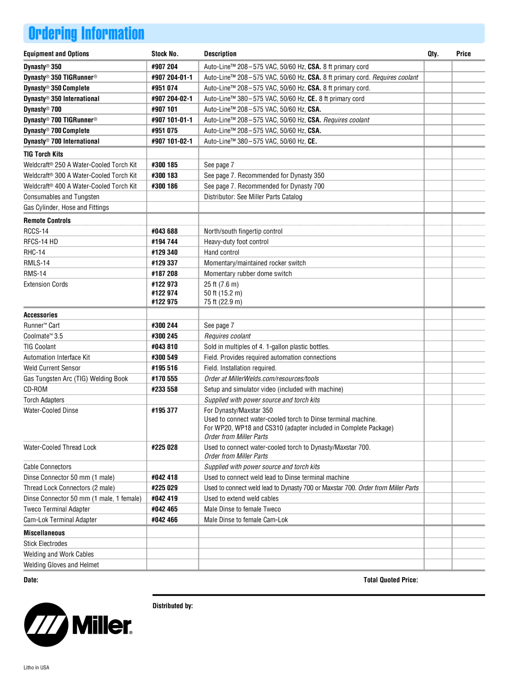 Miller Electric 700 manual Ordering Information 