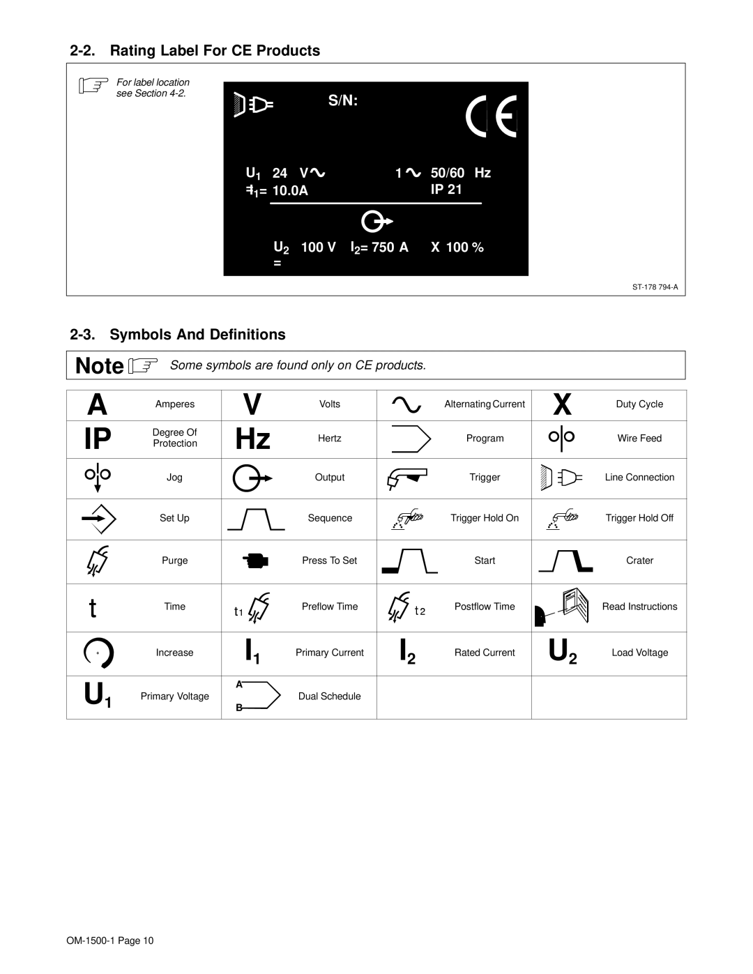 Miller Electric 714D manual Rating Label For CE Products, Symbols And Definitions 