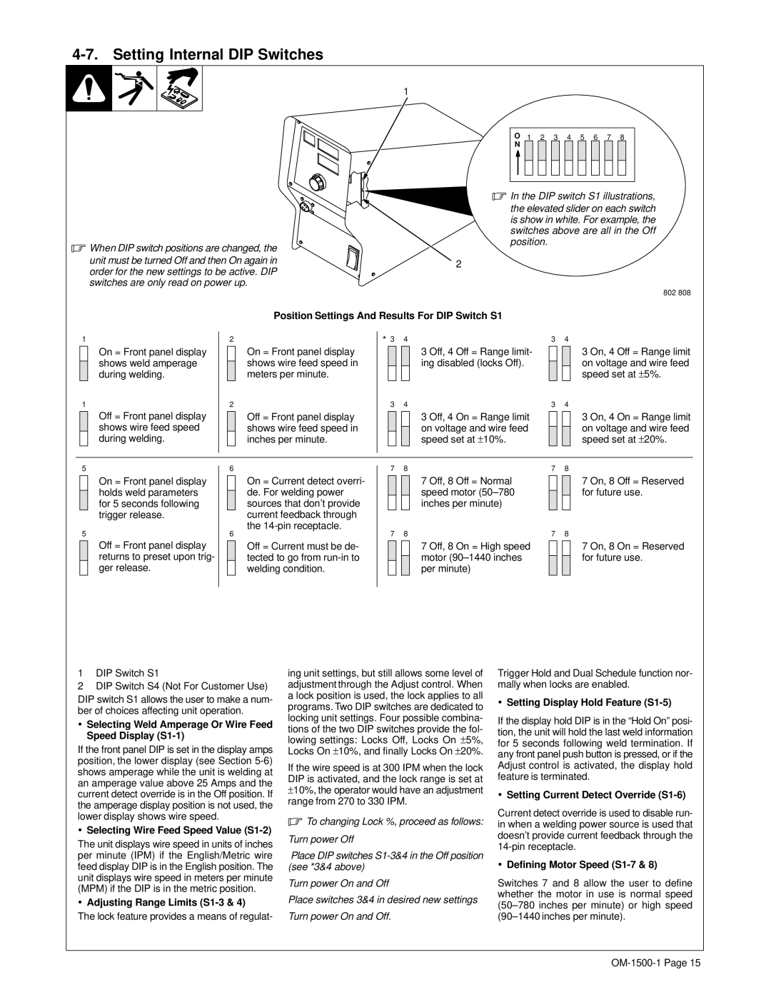 Miller Electric 714D manual Setting Internal DIP Switches 