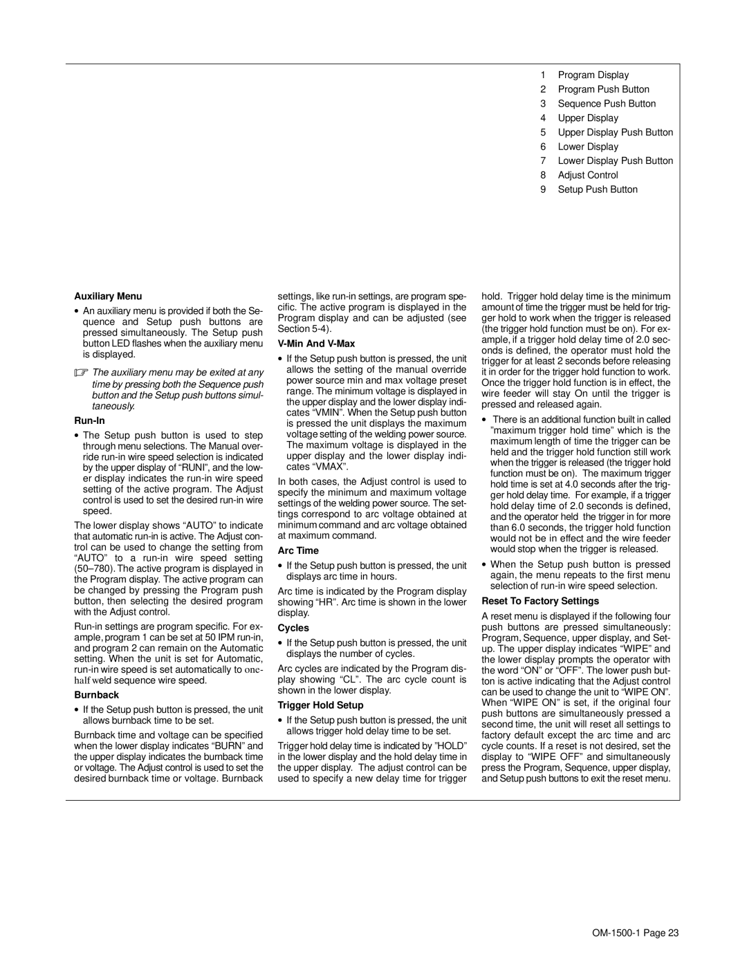 Miller Electric 714D manual Auxiliary Menu, Run-In, Burnback, Min And V-Max, Arc Time, Cycles, Trigger Hold Setup 