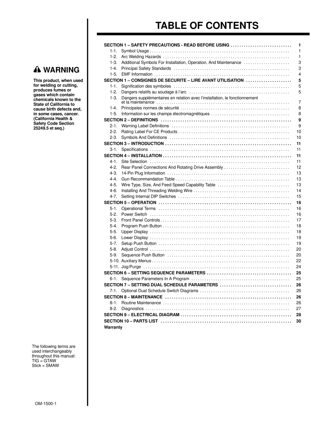 Miller Electric 714D manual Table of Contents 