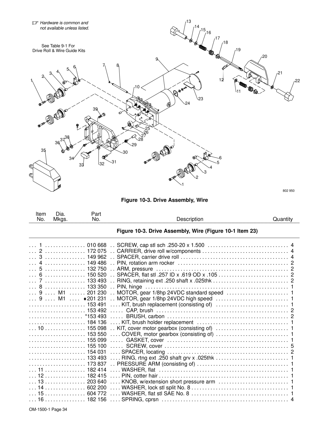 Miller Electric 714D manual Drive Assembly, Wire 