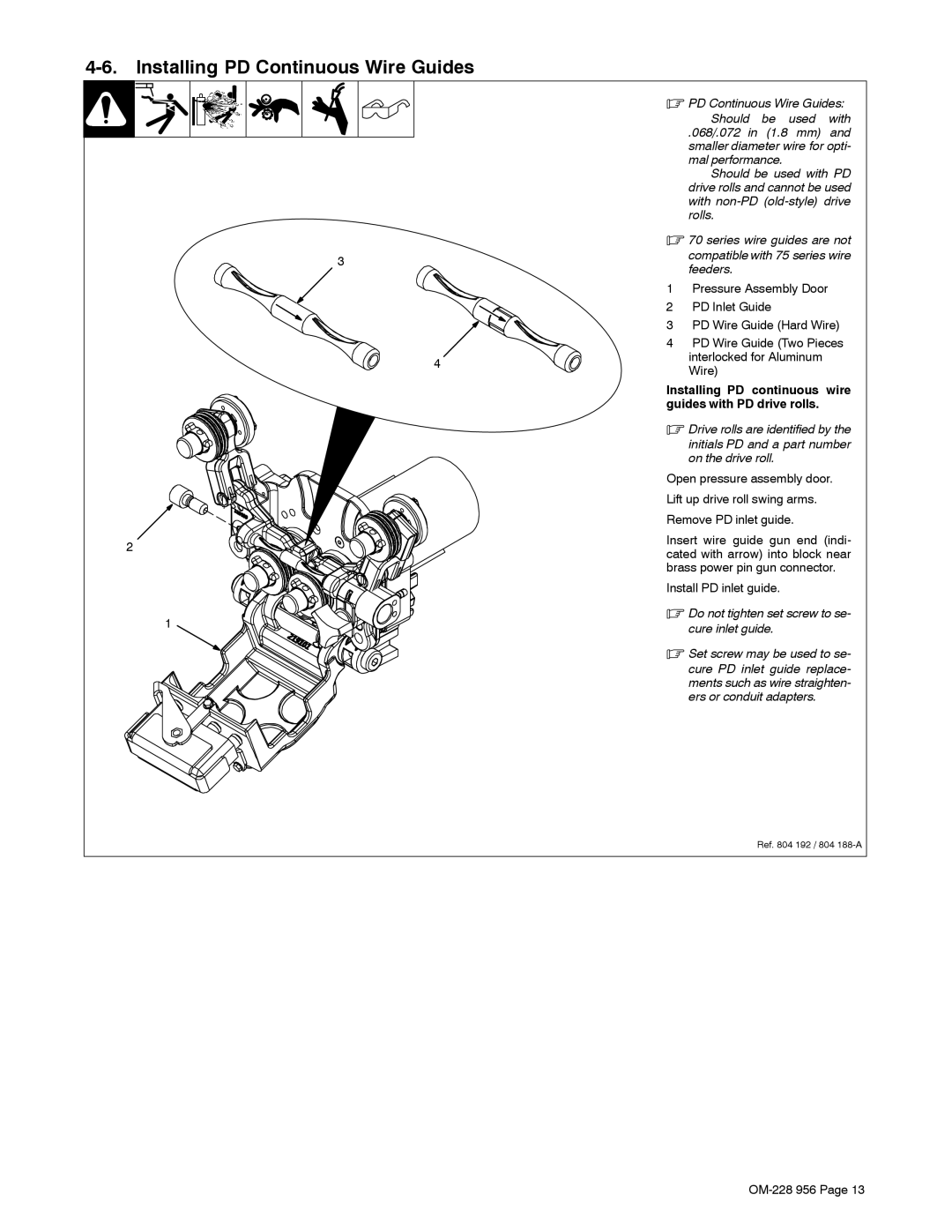 Miller Electric 75 manual Installing PD Continuous Wire Guides, Installing PD continuous wire guides with PD drive rolls 