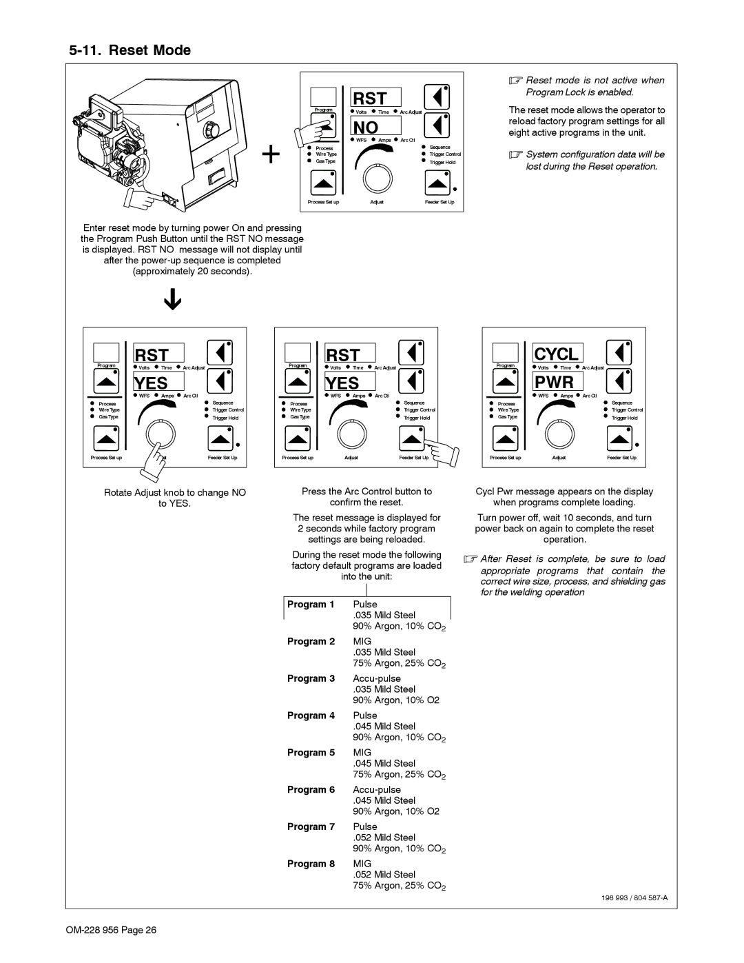 Miller Electric 75 manual Reset Mode, Pulse, Mild Steel, Accu-pulse, 90% Argon, 10% O2 