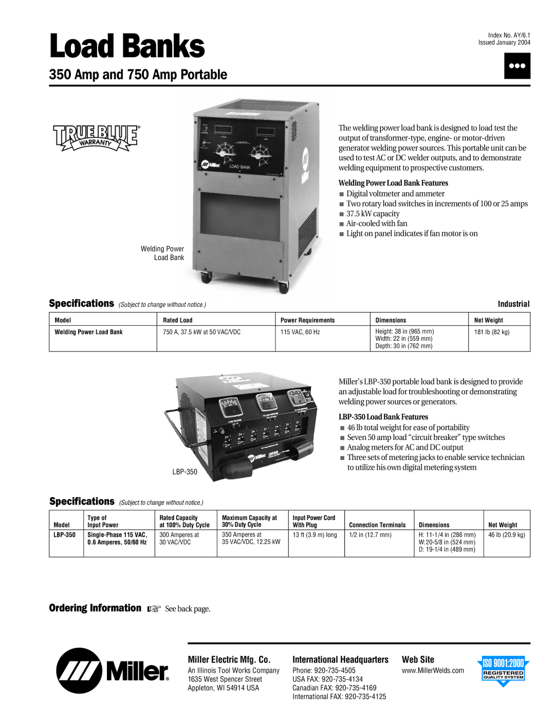 Miller Electric 750MPa specifications Ordering Information See back, Welding Power Load Bank Features 