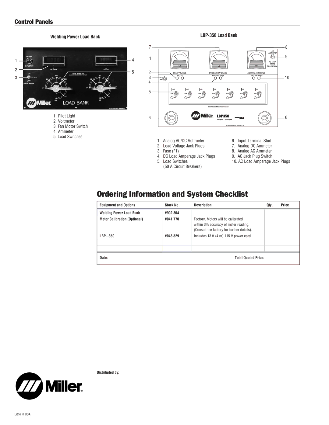 Miller Electric 750MPa specifications Control Panels, LBP-350 Load Bank 