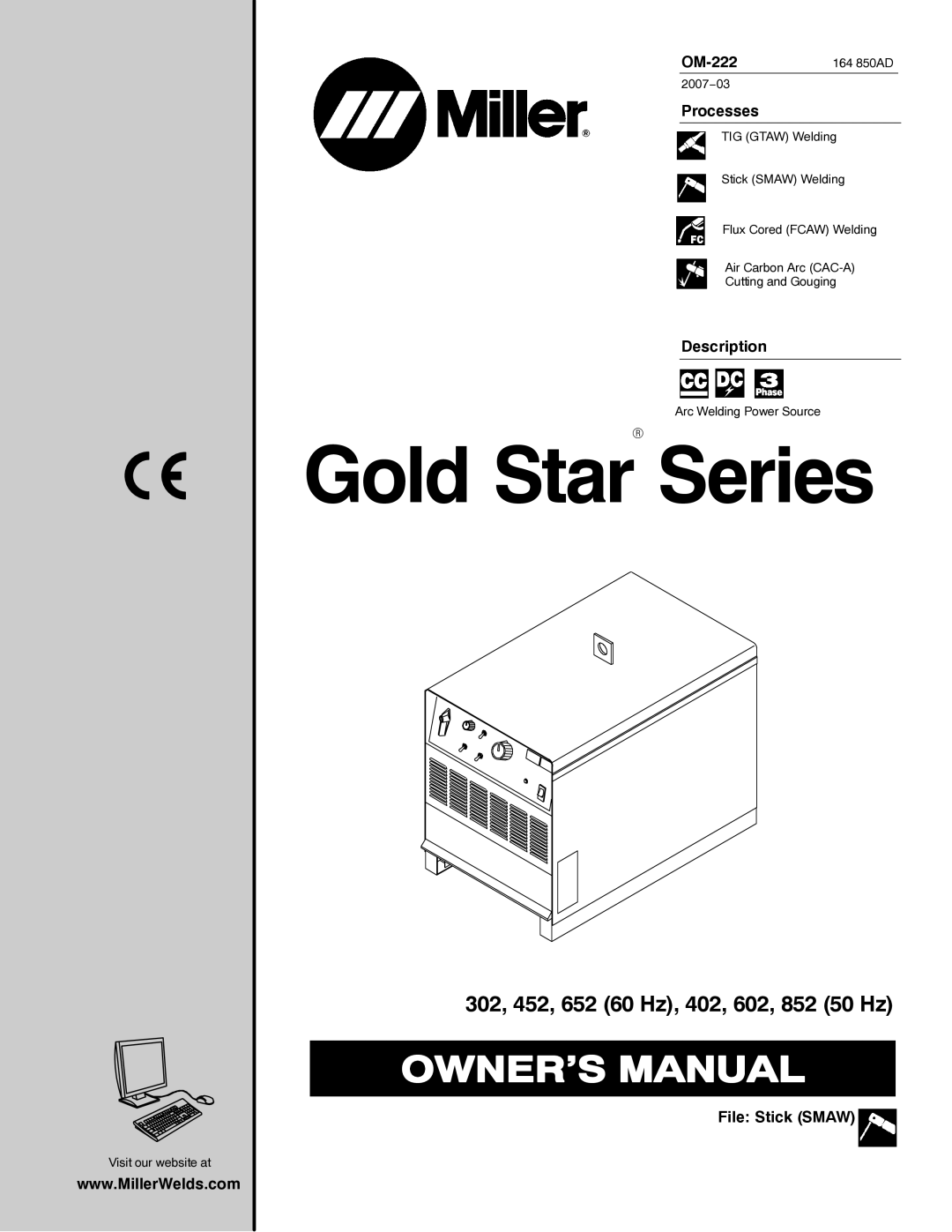 Miller Electric 852 manual Processes, Description, File Stick Smaw 