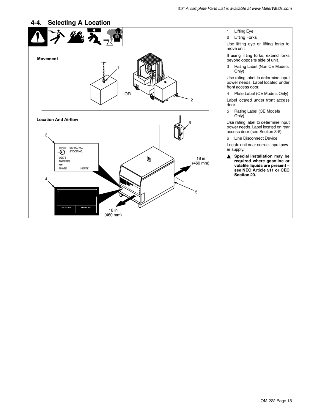 Miller Electric 852 manual Selecting a Location, Movement 