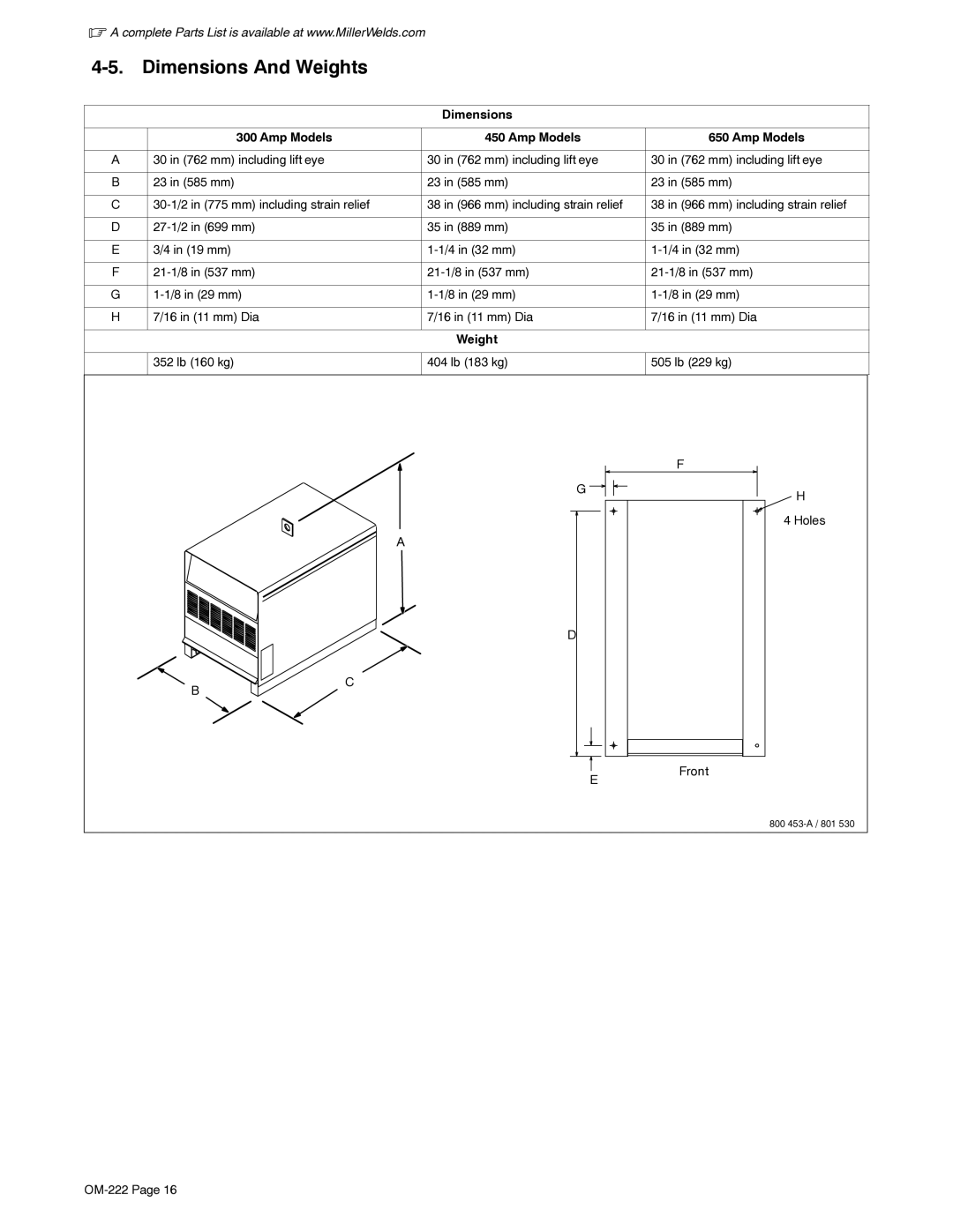 Miller Electric 852 manual Dimensions And Weights, Dimensions Amp Models 