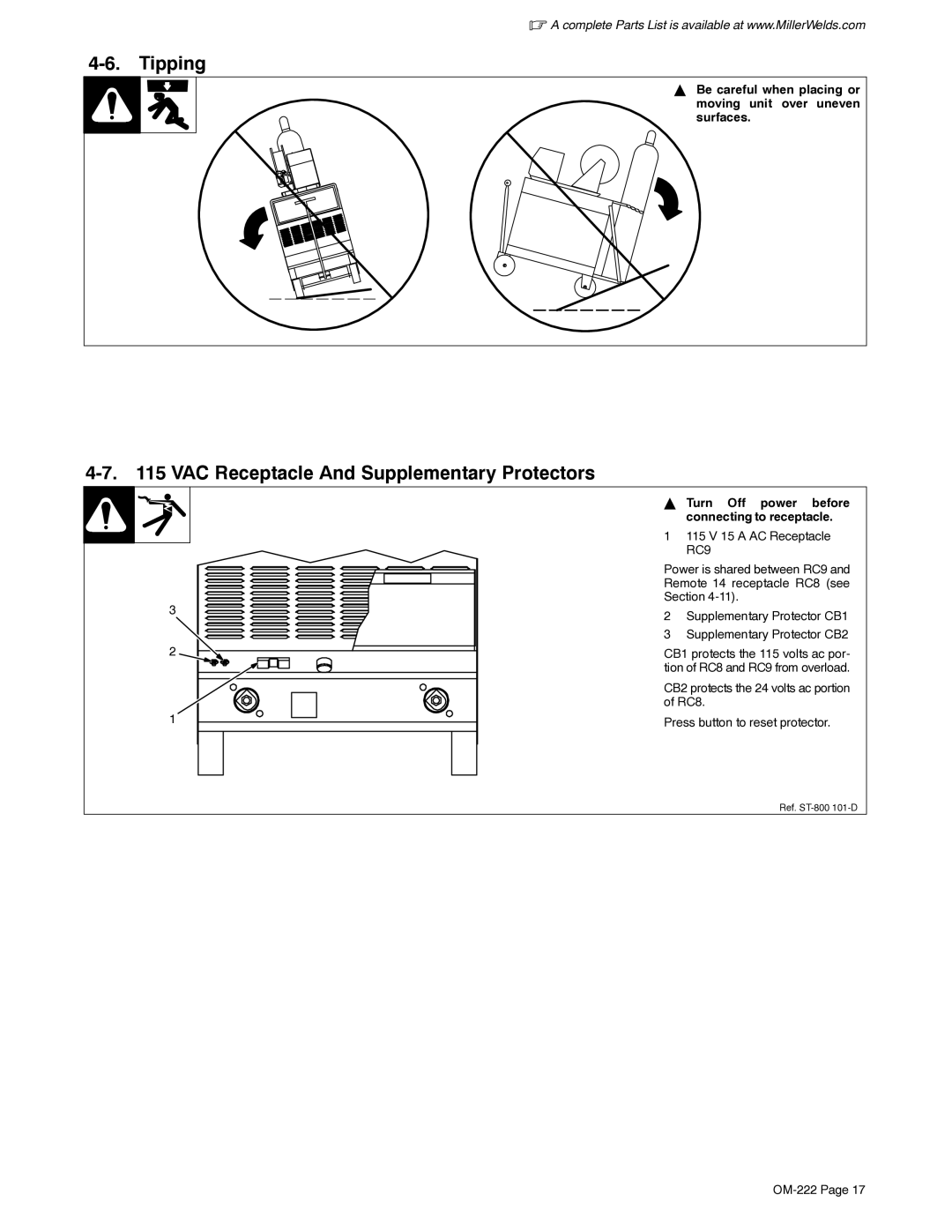 Miller Electric 852 Tipping, VAC Receptacle And Supplementary Protectors, Turn Off power before connecting to receptacle 