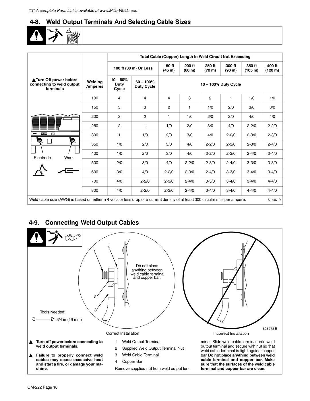 Miller Electric 852 manual Weld Output Terminals And Selecting Cable Sizes, Connecting Weld Output Cables 